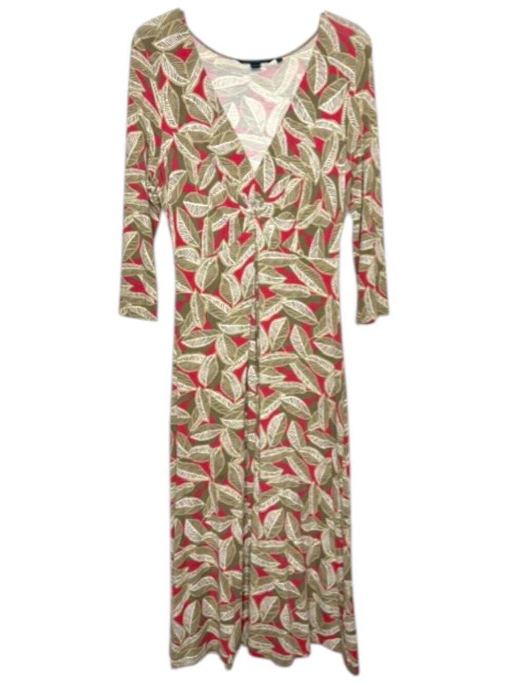 Boden WH115 Jersey V-Neck Midi Leaf Print Dress - Tan/Red - 10R
